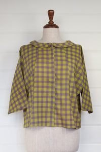 Yavi gingham cotton blouse in lilac and olive.