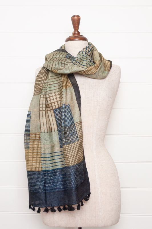 Karomi blockprint handwoven silk scarf in light bronze and indigo checks.