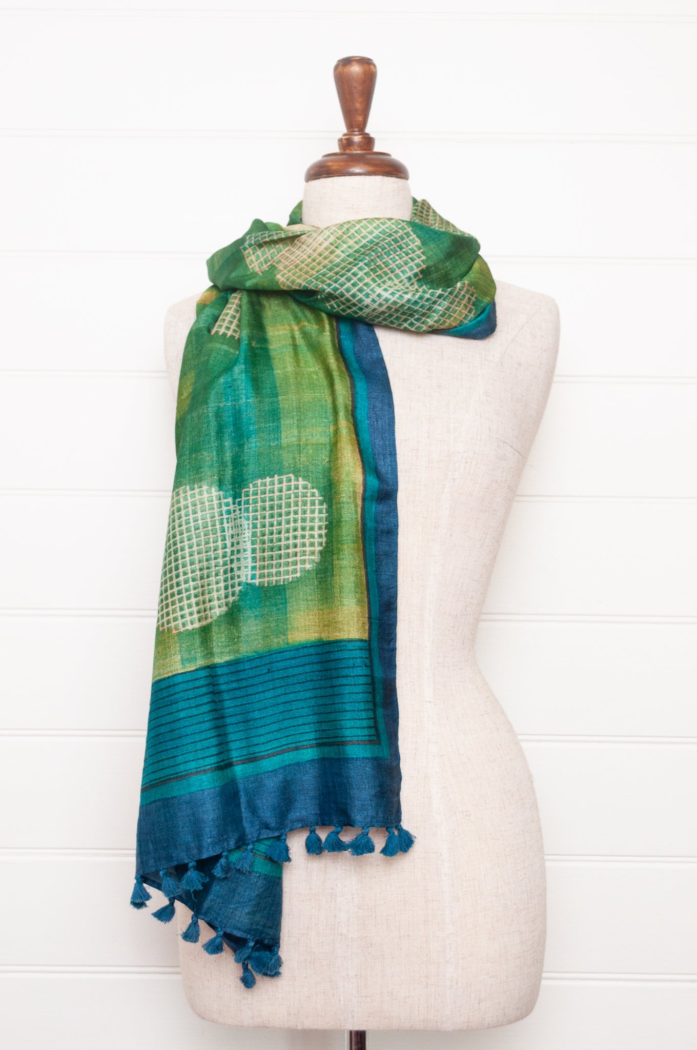 Karomi blockprint handwoven silk scarf in emerald green and turquoise.