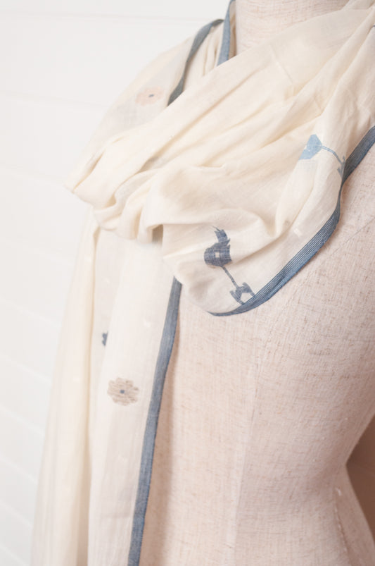 Karomi natural dye handwoven jamdani cotton scarf with indigo motifs.