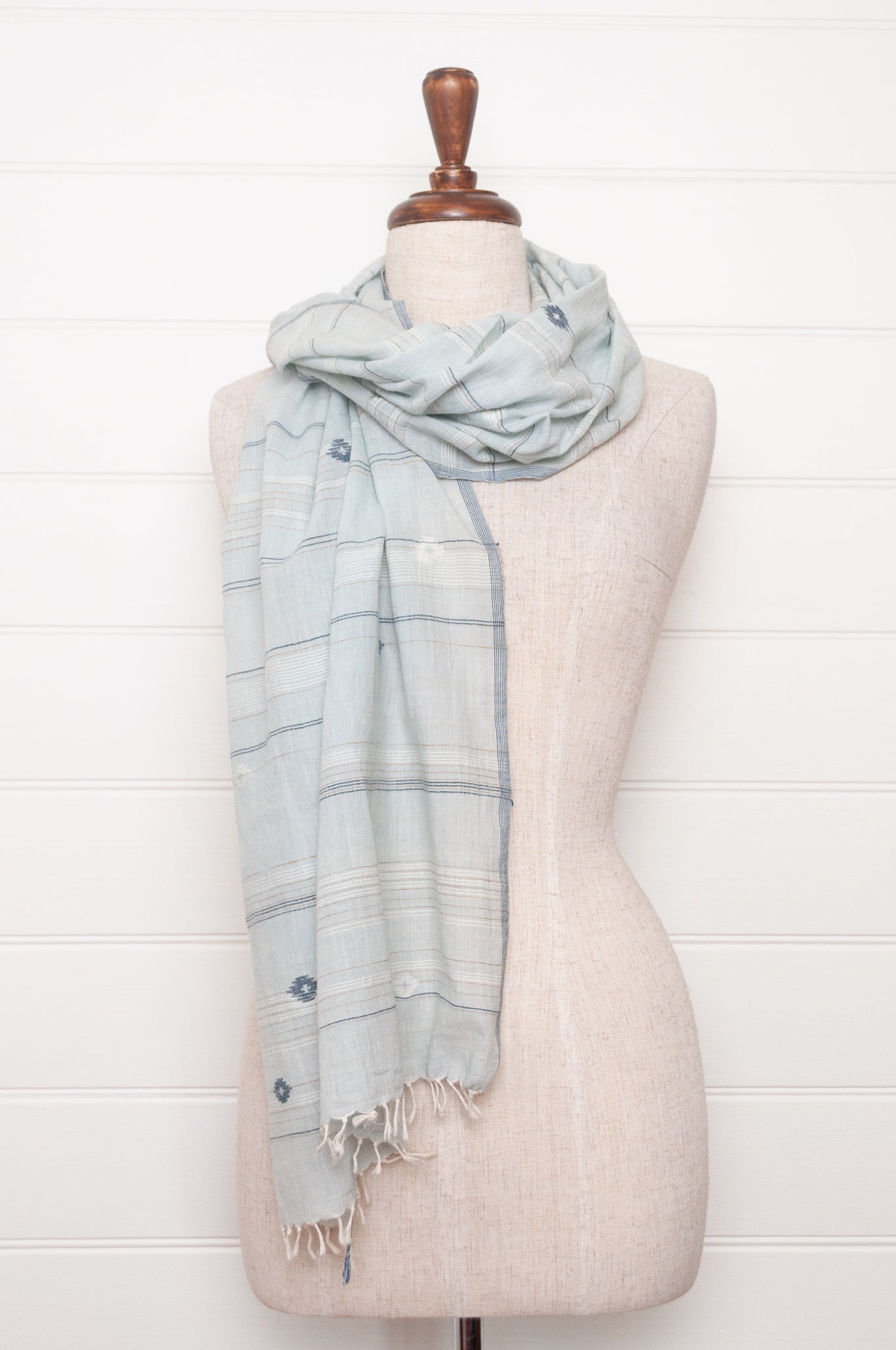 Karomi indigo blue natural dye handwoven jamdani cotton scarf.