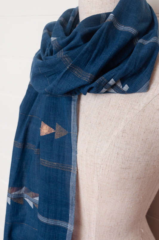 Karomi indigo blue natural dye handwoven jamdani cotton scarf.