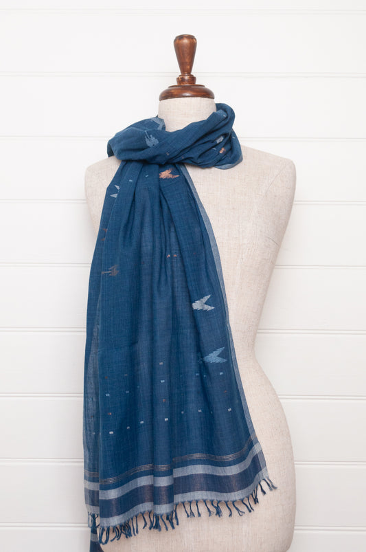 Karomi indigo blue natural dye handwoven jamdani cotton scarf.