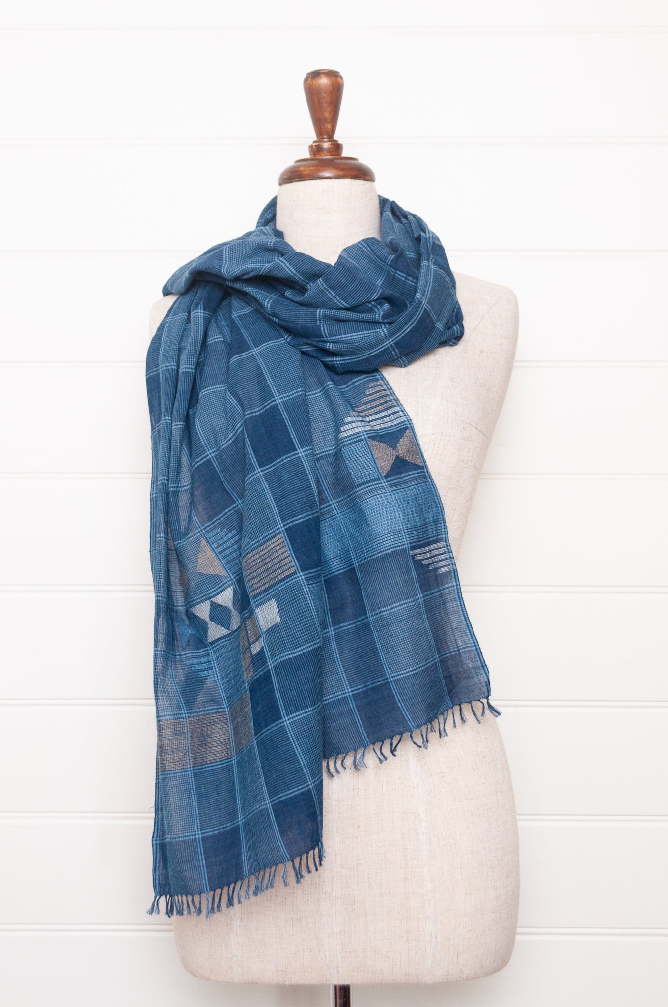 Karomi indigo blue natural dye handwoven jamdani and check cotton scarf.