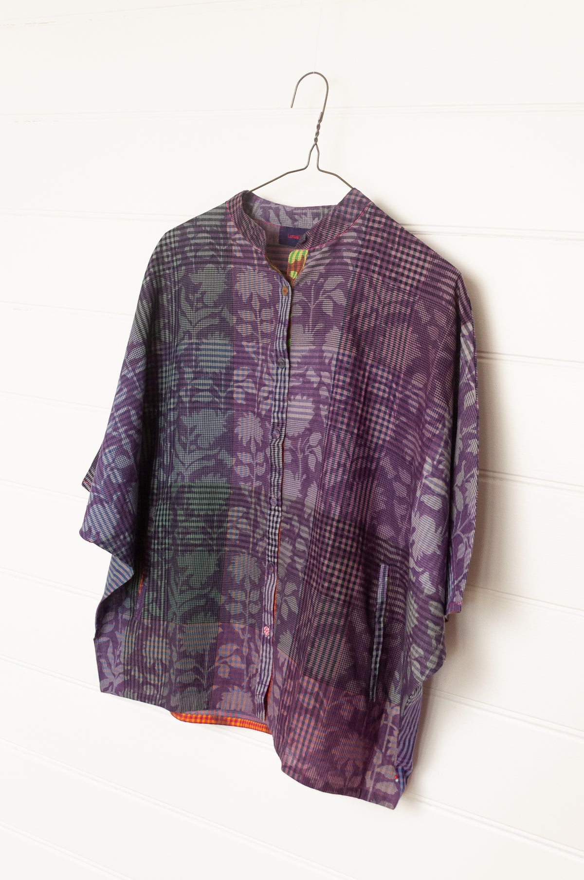 Lotus Veda Radha handloom blockprint cotton blouse - purple check