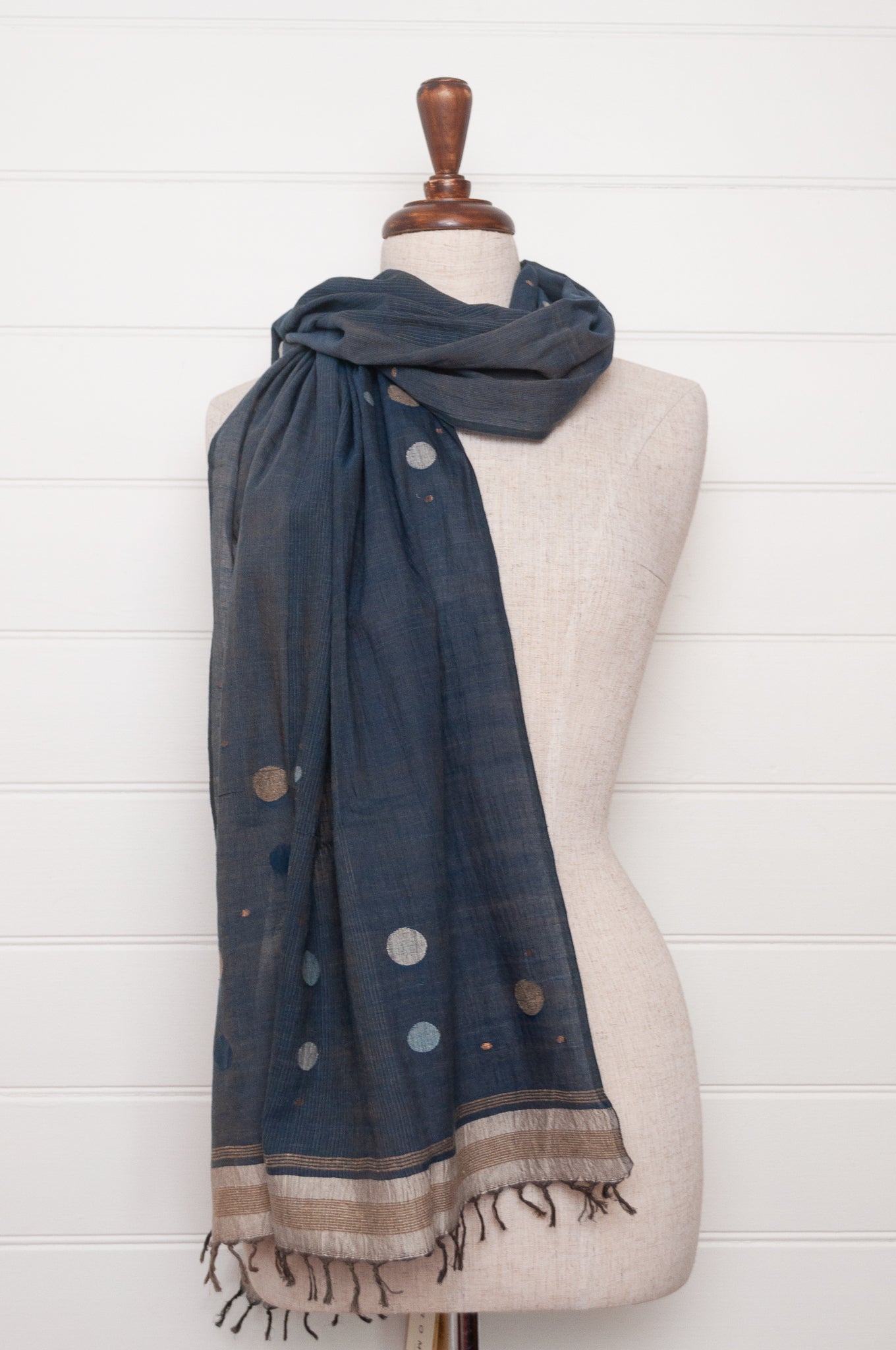 Karomi dark indigo natural dye handwoven jamdani cotton scarf.