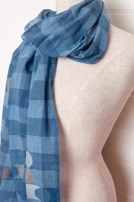 Karomi indigo blue natural dye handwoven jamdani and check cotton scarf.