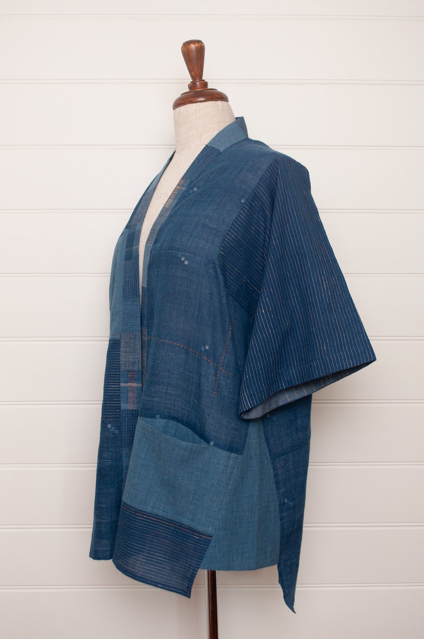 Karomi Nereid indigo jamdani patchwork cotton kimono jacket overlay.