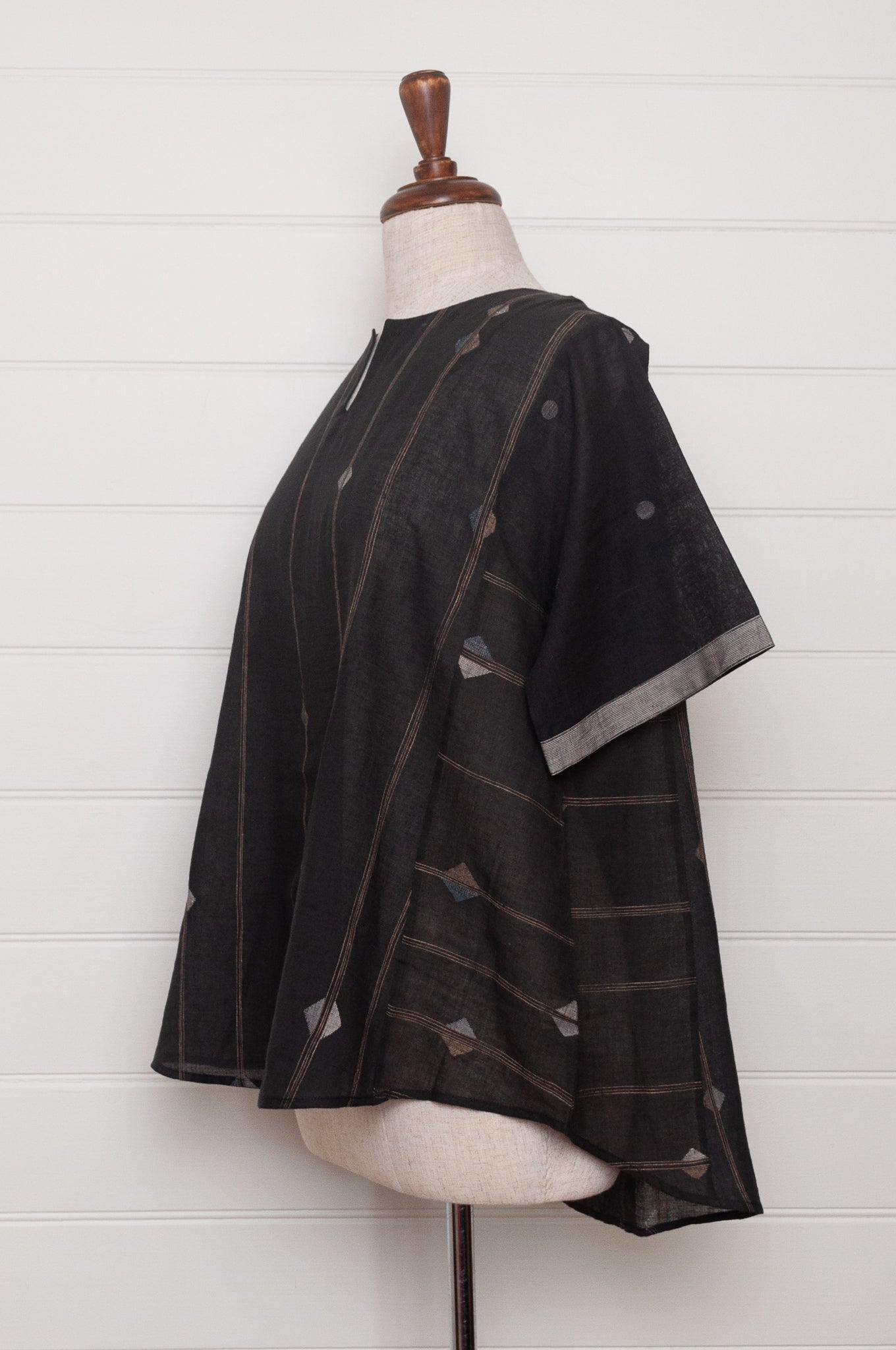 Karomi black jamdani fine cotton short sleeve Ariel top.