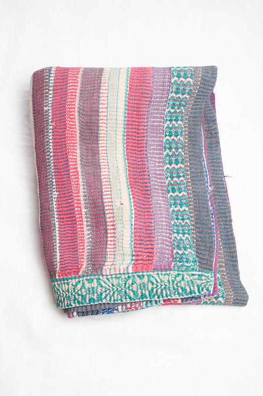Striped vintage kantha in pink, white, green and blue.