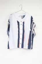 Load image into Gallery viewer, Banana Blue made in Melbourne 100% linen short sleeved button up shirt, bold navy blue stripes on white with dashes of neon orange.