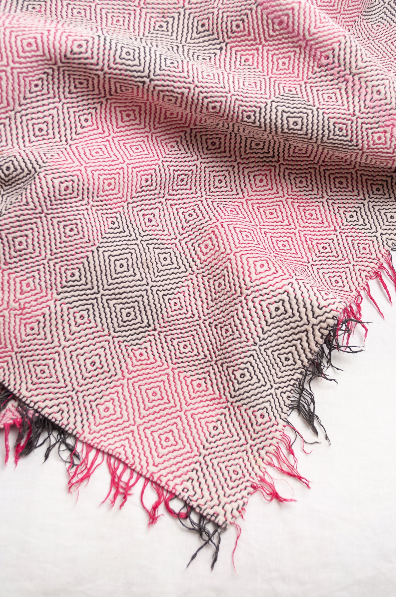 Vintage lohori kantha quilt - magenta diamonds