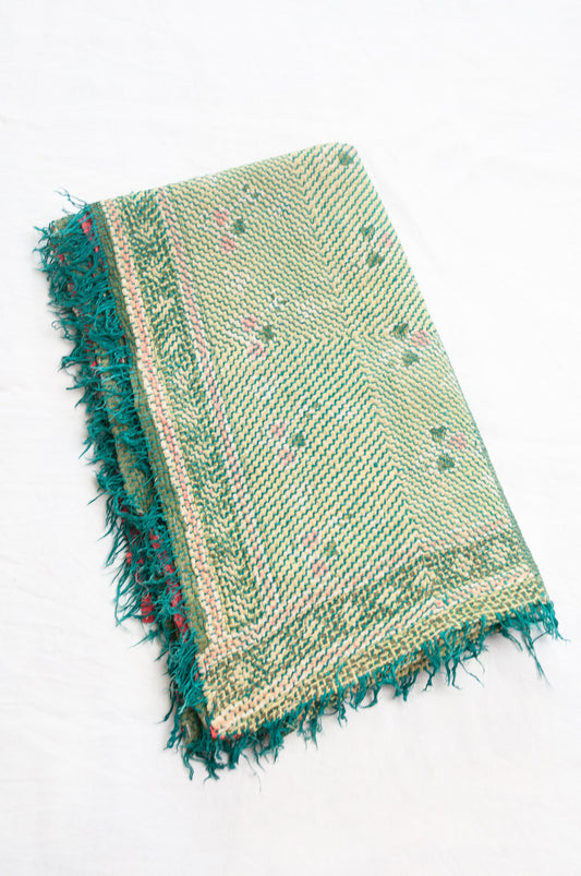 Mint green and red lohori vintage kantha quilt.