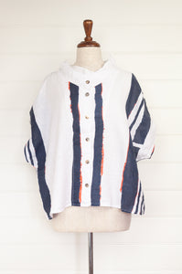 Banana Blue made in Melbourne 100% linen short sleeved button up shirt, bold navy blue stripes on white with dashes of neon orange.