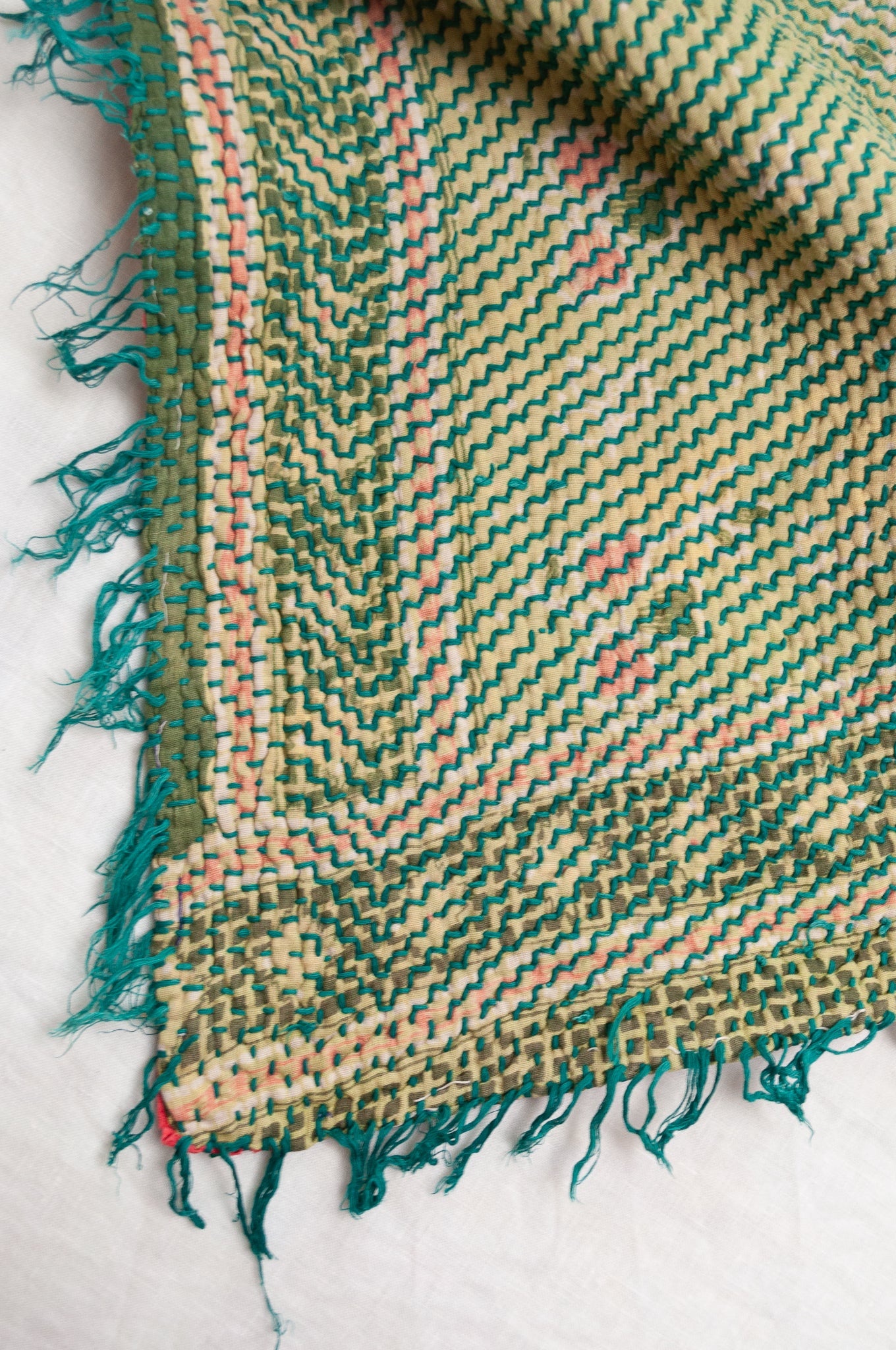 Mint green and red lohori vintage kantha quilt.