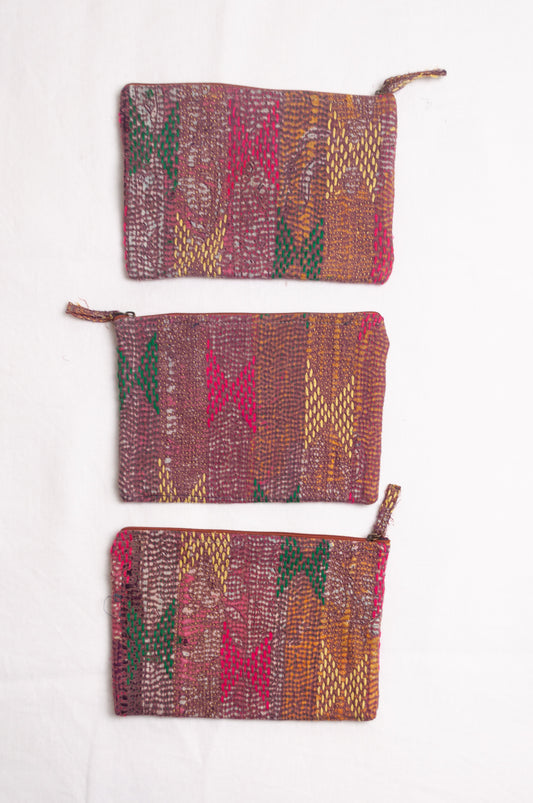 Vintage embroidered kantha quilt zippered pouches.