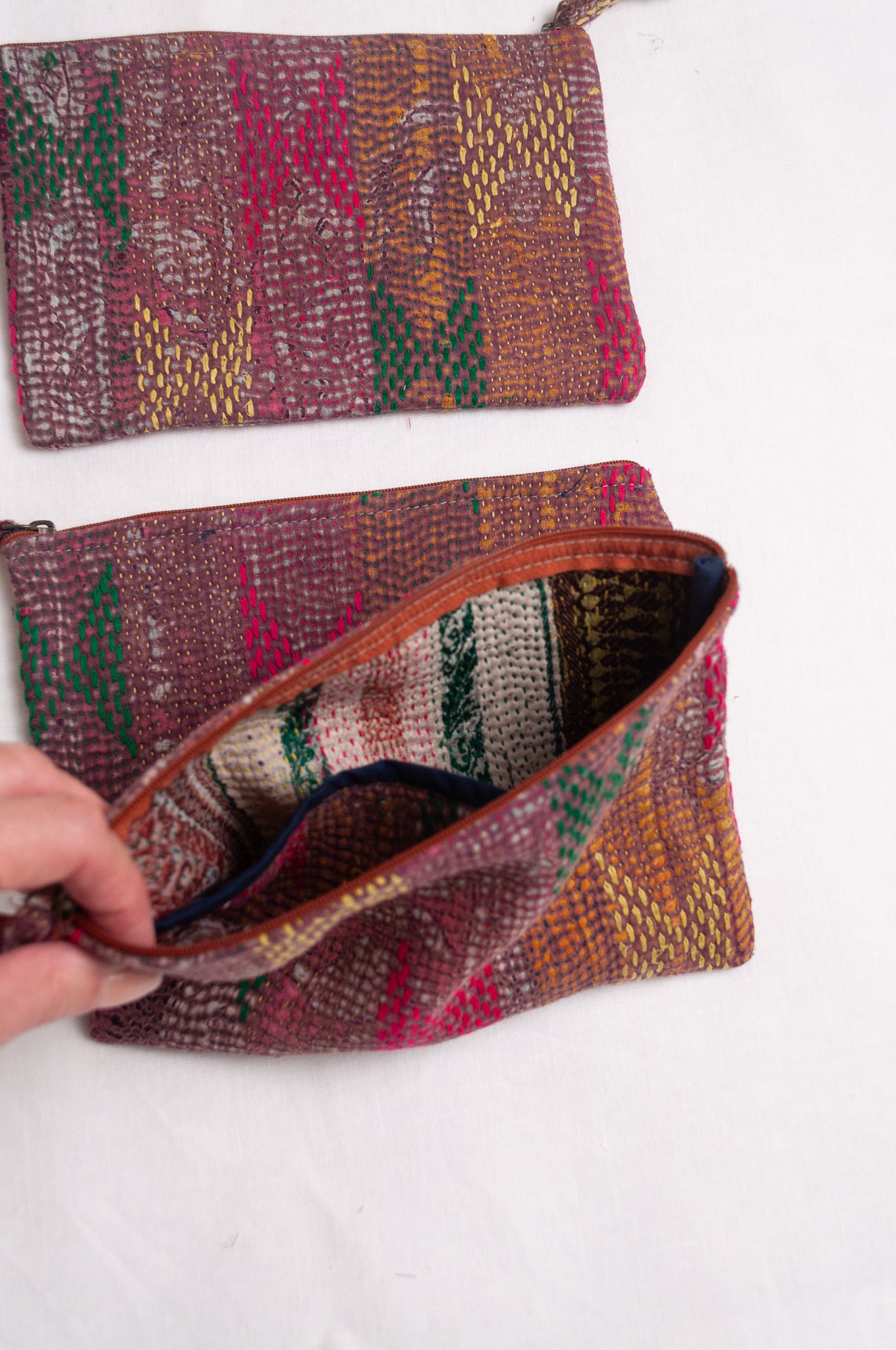 Vintage embroidered kantha quilt zippered pouches.