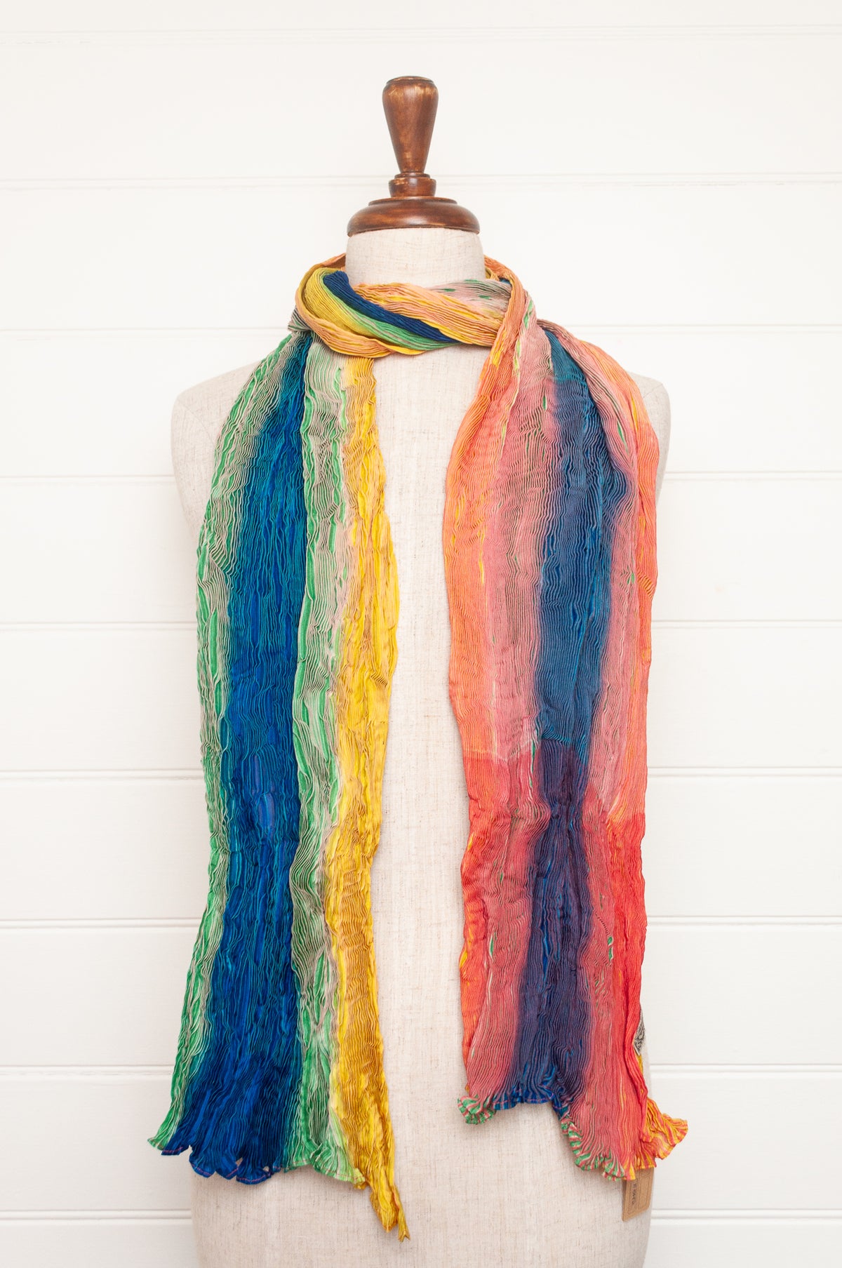 Neeru Kumar shibori dyed pure silk crinkle scarf in rainbow colours.