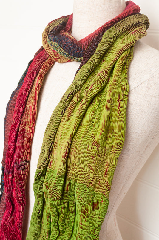 Neeru Kumar shibori dyed pure silk crinkle scarf in lime green and raspberry pink.