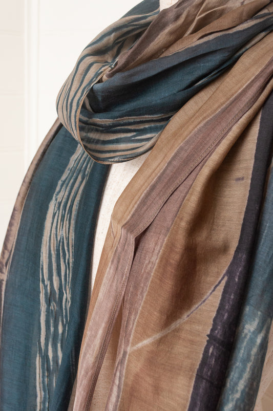 Neeru Kumar shibori dyed cotton silk scarf in coffee brown and teal, with handstitched edgings.