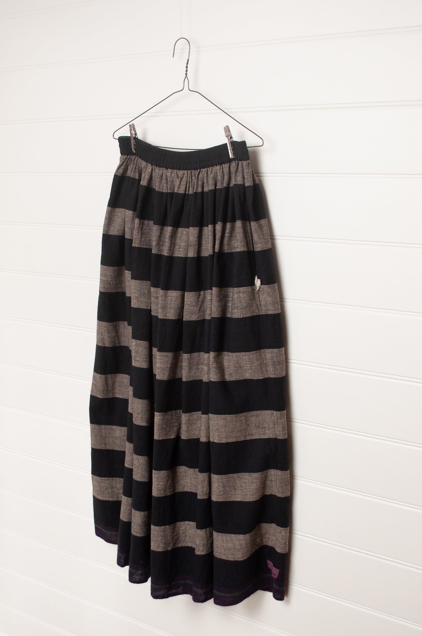 Lotus Veda True handloom kala cotton black and charcoal grey striped maxi skirt.