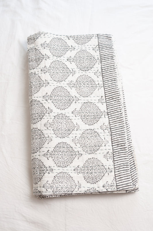 Kantha quilt blockprint pure cotton in pewter grey on white pattern.