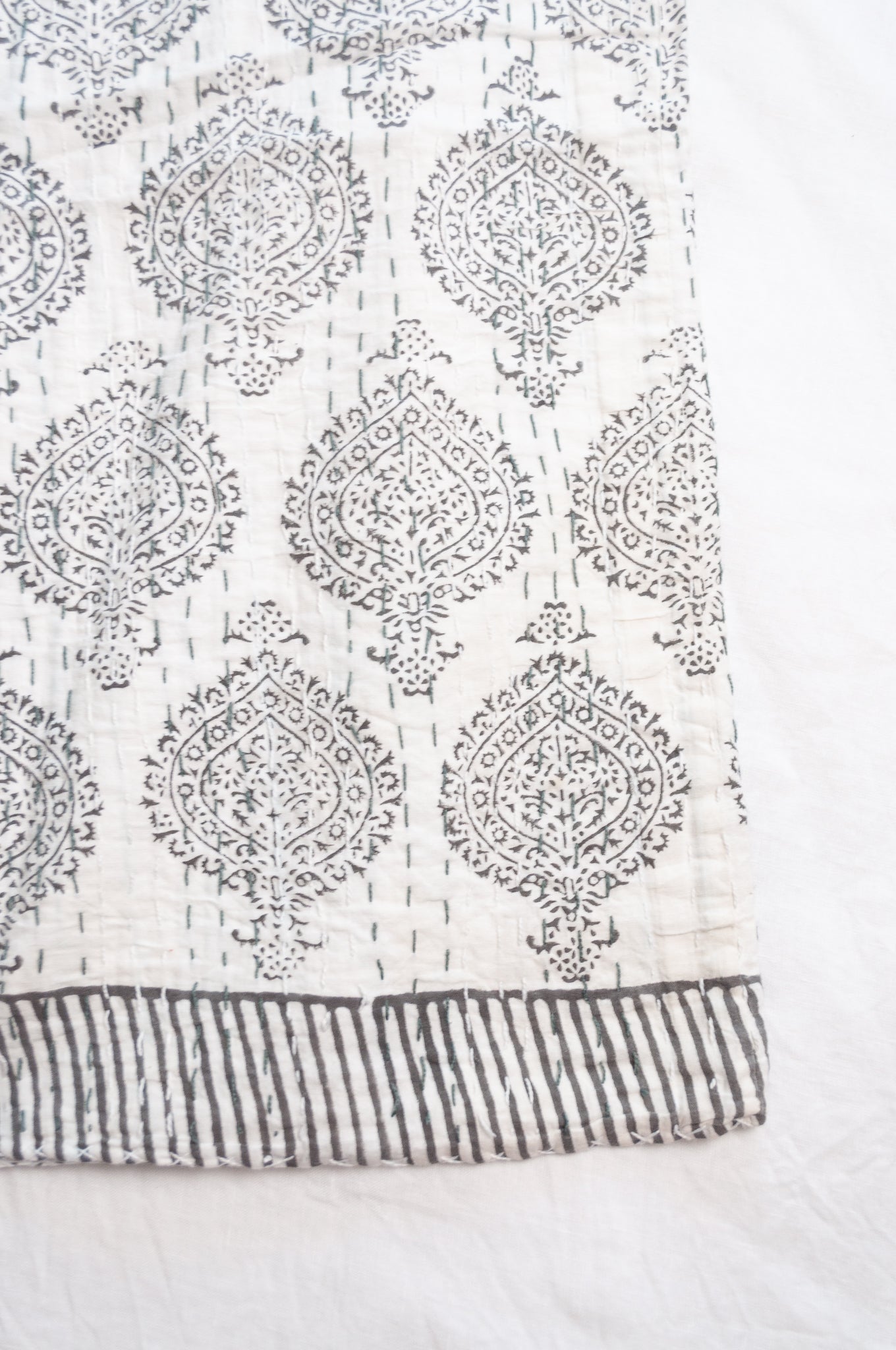 Kantha quilt blockprint pure cotton in pewter grey on white pattern.