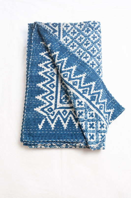 Kantha quilt indigo blockprint pure cotton in dot and cross pattern.