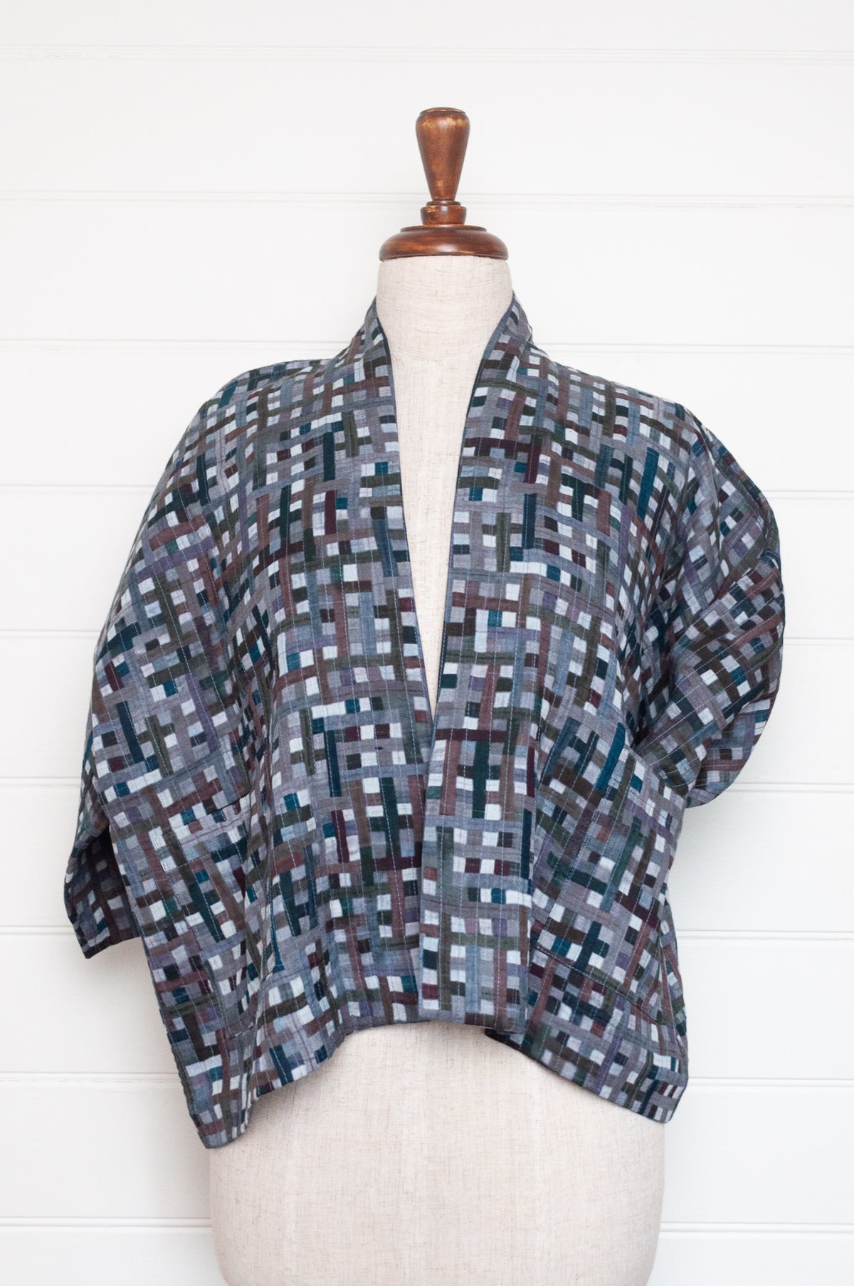 Neeru Kumar quilted cotton kimono jacket in charcoal checks.