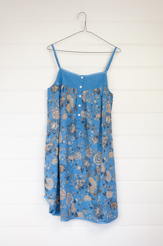 Juniper Hearth nightdress in Malabar sky, floral print on sky blue.