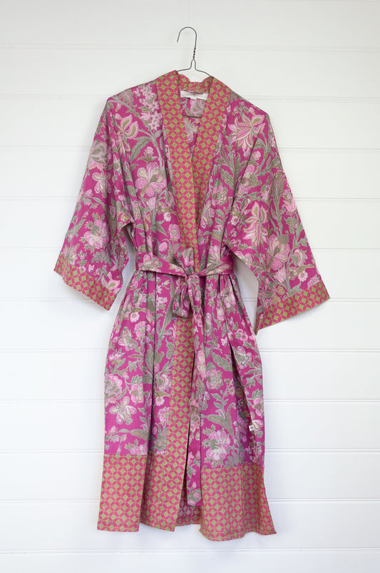 Juniper Hearth pure cotton kimono robe in magenta pink floral print with contrasting trim.
