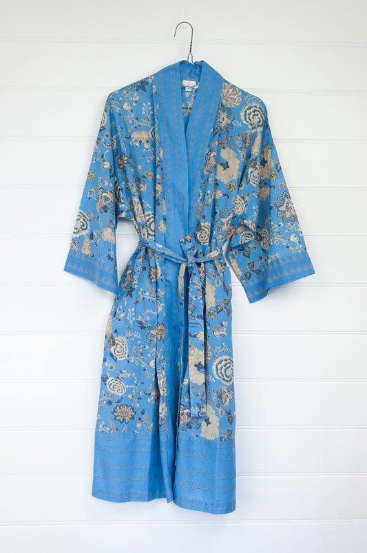 Juniper Hearth cotton voile kimono robe dressing gown in Malabar sky floral print on sky blue.