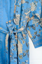 Load image into Gallery viewer, Juniper Hearth cotton voile kimono robe dressing gown in Malabar sky floral print on sky blue.