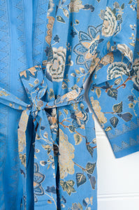 Juniper Hearth cotton voile kimono robe dressing gown in Malabar sky floral print on sky blue.
