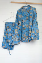 Load image into Gallery viewer, Juniper Hearth cotton voile pyjamas in Magenta sky floral print on sky blue.