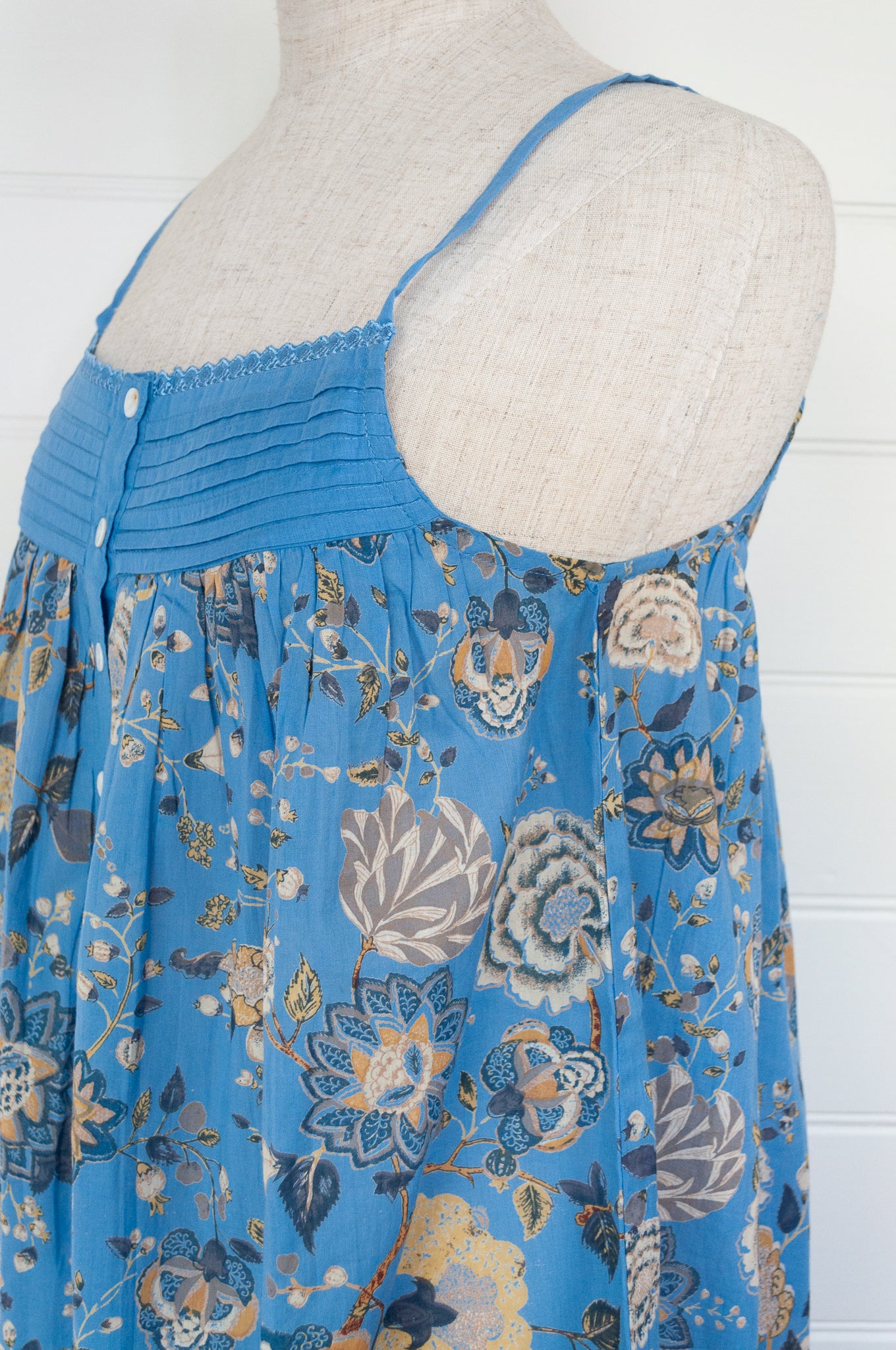 Juniper Hearth nightdress in Malabar sky, floral print on sky blue.