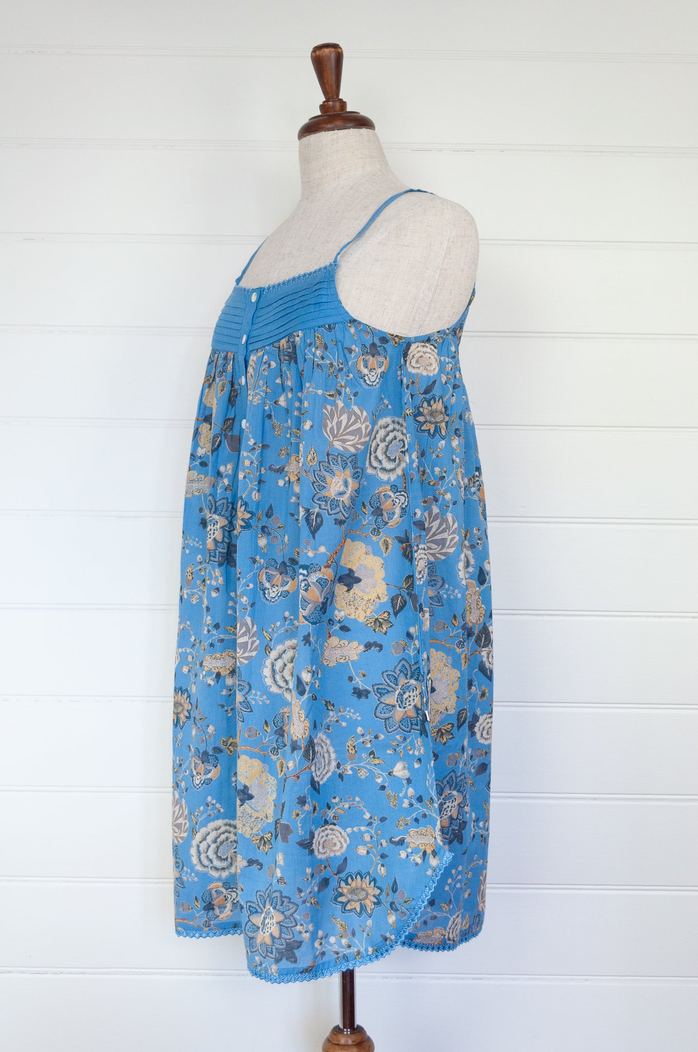 Juniper Hearth nightdress in Malabar sky, floral print on sky blue.