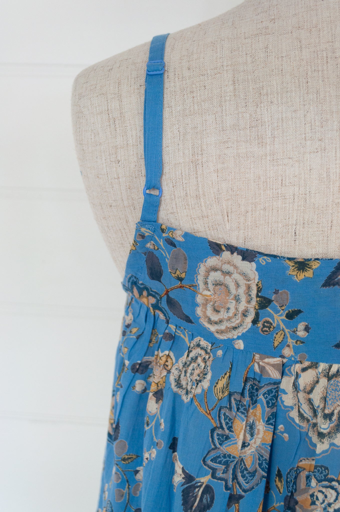 Juniper Hearth nightdress in Malabar sky, floral print on sky blue.
