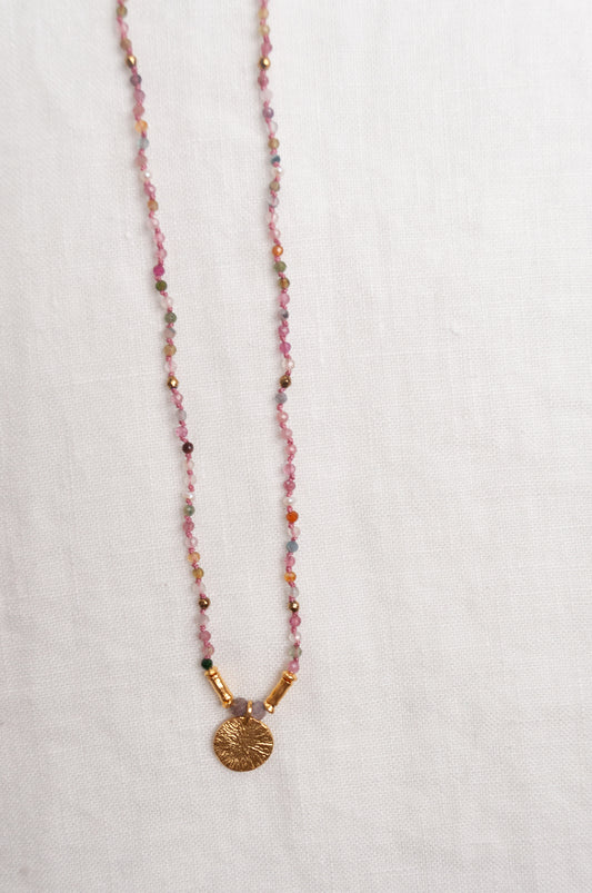 Mary Gaitani handmade tourmalines necklace with gold charms.