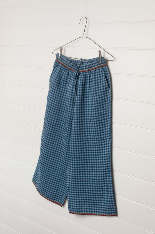 DVE Dityaa wide leg elastic waist pants in blue ashes check gingham handloom linen.