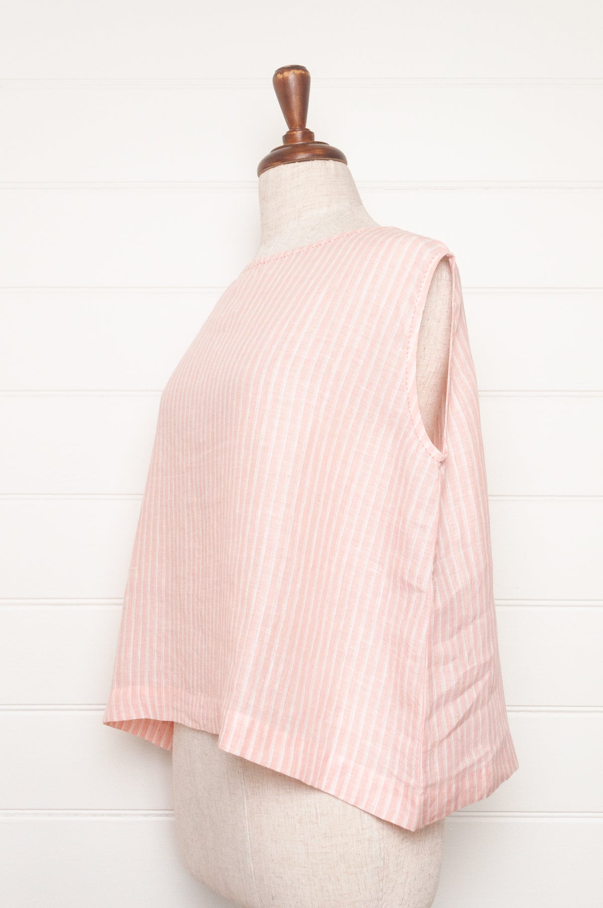 DVE AIshani sleeveless one size top in handloom linen in rose pink and white stripe.