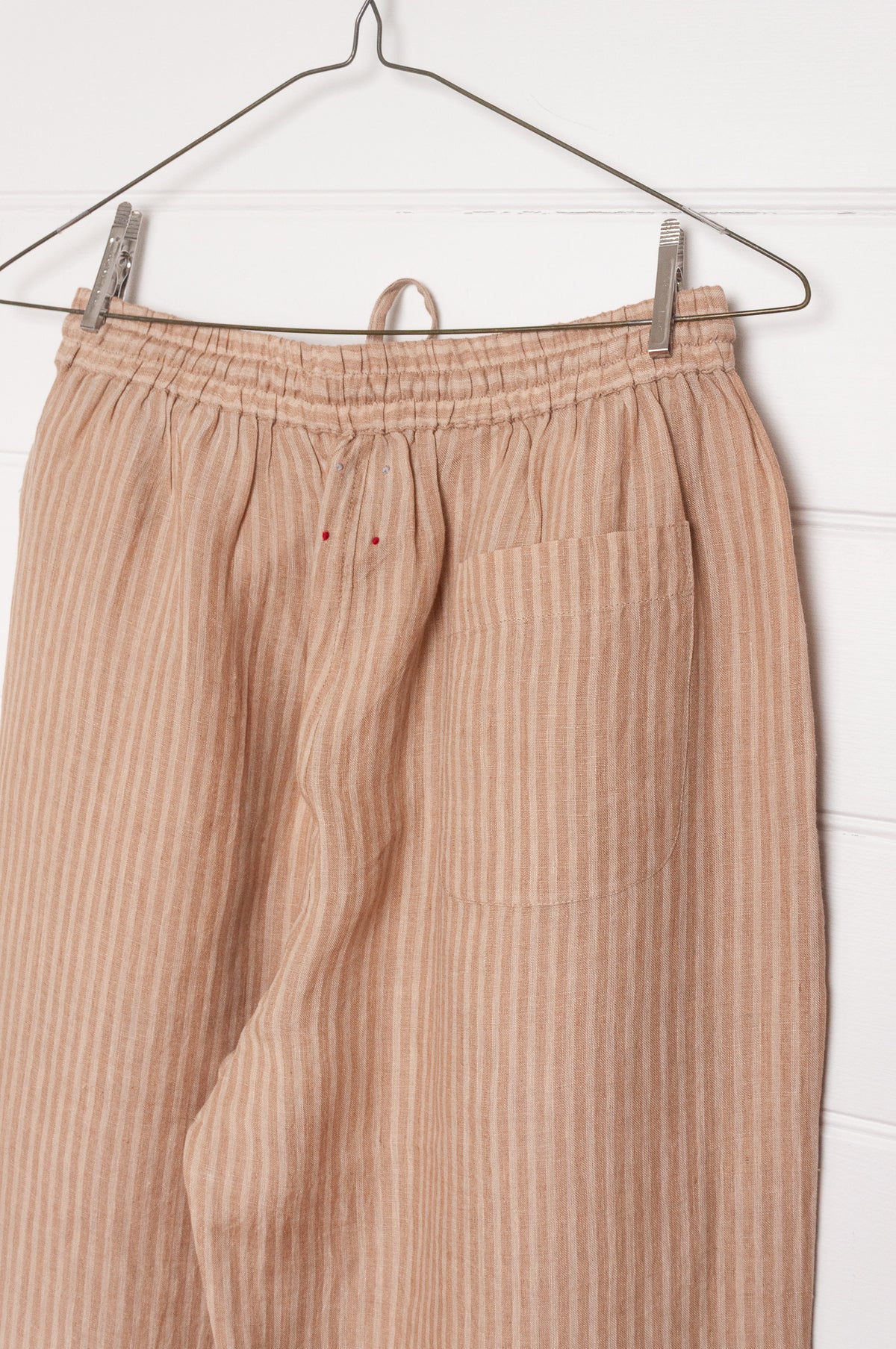 DVE Bala linen stripe pull on elastic waist pants in dune beige and natural stripe.