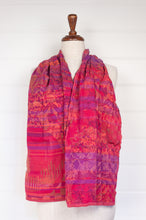 Load image into Gallery viewer, Letol made in France organic cotton scarf Perrine floral in bouquet right magenta, mauve and red.