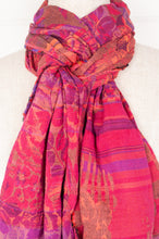 Load image into Gallery viewer, Letol made in France organic cotton scarf Perrine floral in bouquet right magenta, mauve and red.