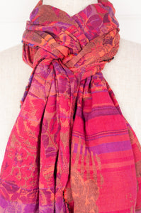 Letol made in France organic cotton scarf Perrine floral in bouquet right magenta, mauve and red.