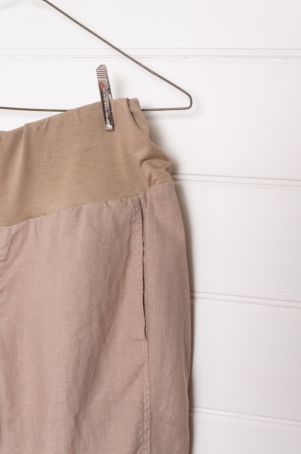 Valia pure linen Sydney pants made in Melbourne in beige tan.