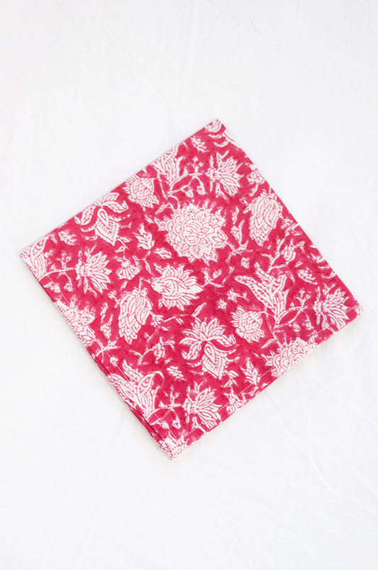Blockprinted  cotton napkins in raspberry red and white floral design, made by hand.