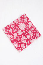 Load image into Gallery viewer, Blockprinted  cotton napkins in raspberry red and white floral design, made by hand.