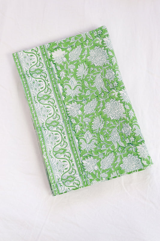 Blockprinted  cotton tablecloth in lime green and white floral design, made by hand.