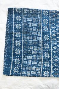 Indigo and white patterned blockprint kantha quilt, pure cotton hand stitched.